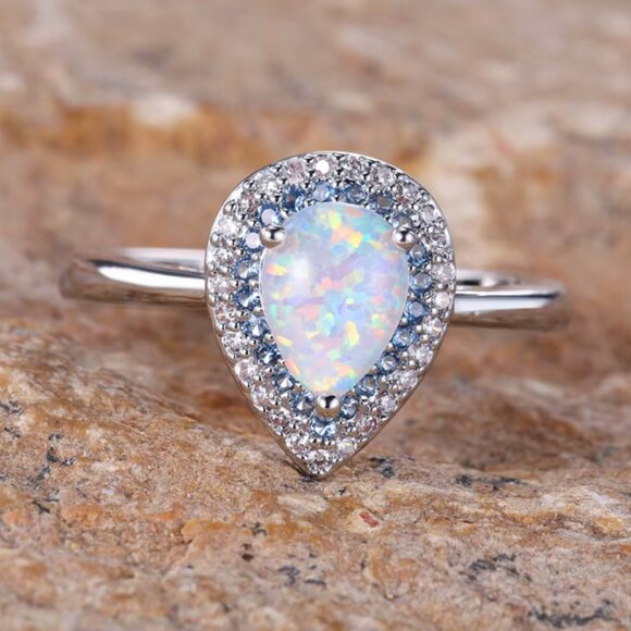 NEW 14k White Gold Opal Diamond Ring Pear Cut Tear Drop Opal Ring - Picture 2 of 4